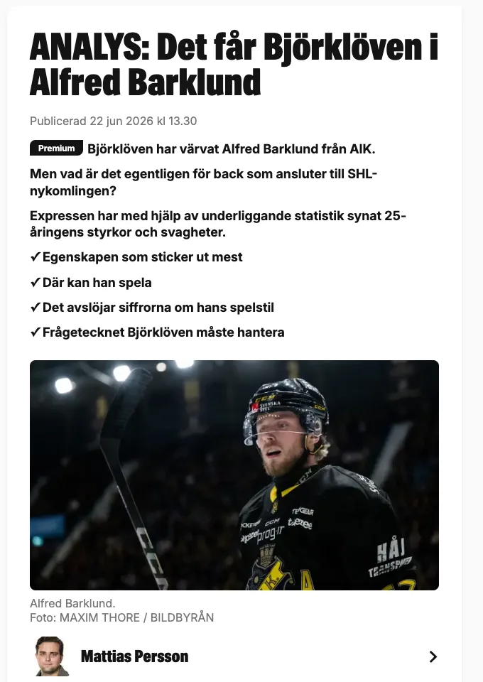 Expressen analysis of Björklöven's signing Alfred Barklund, built on the underlying statistics