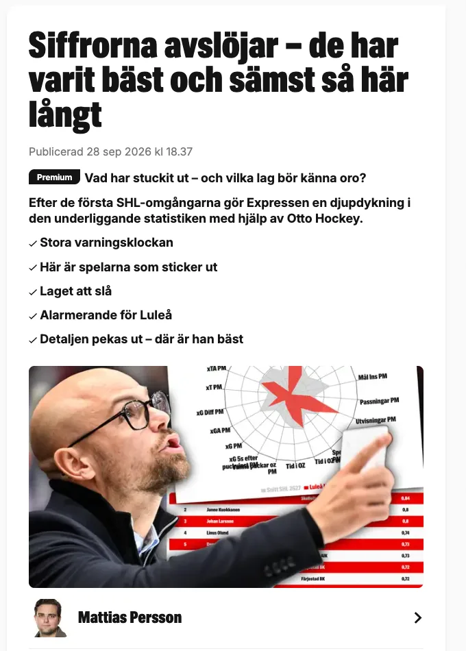 Expressen article digging into the underlying SHL numbers with Otto Hockey, with a radar chart of player metrics