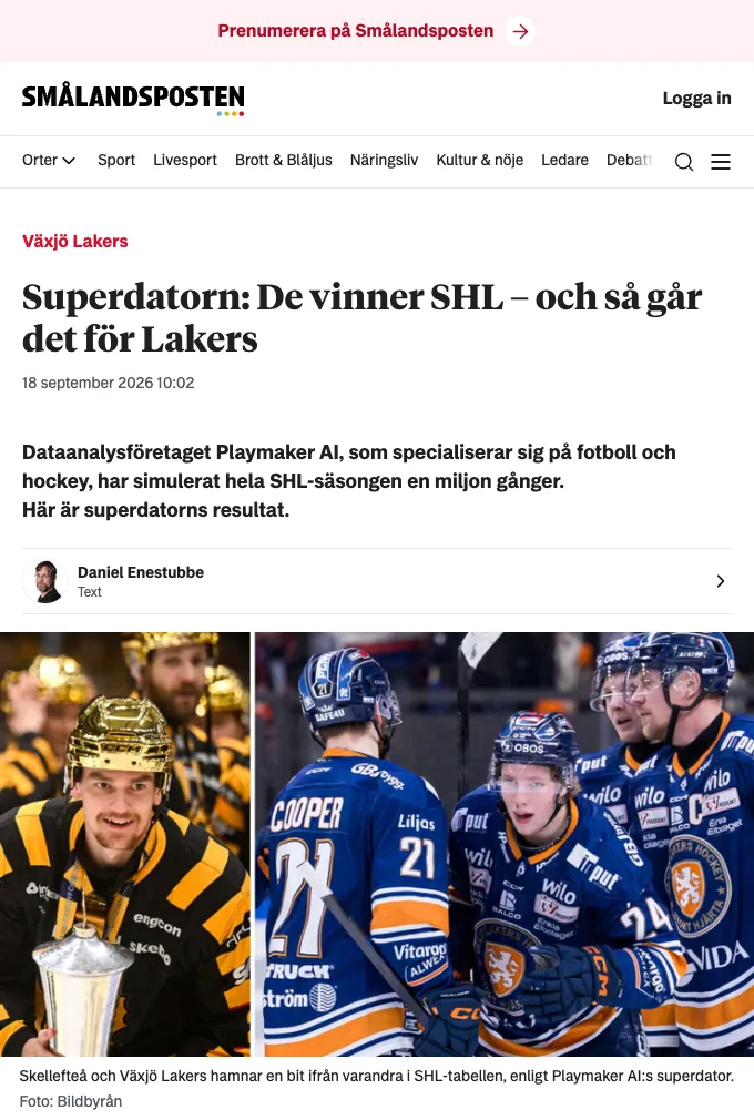 Smålandsposten article on PlaymakerAI's supercomputer simulating the SHL season a million times